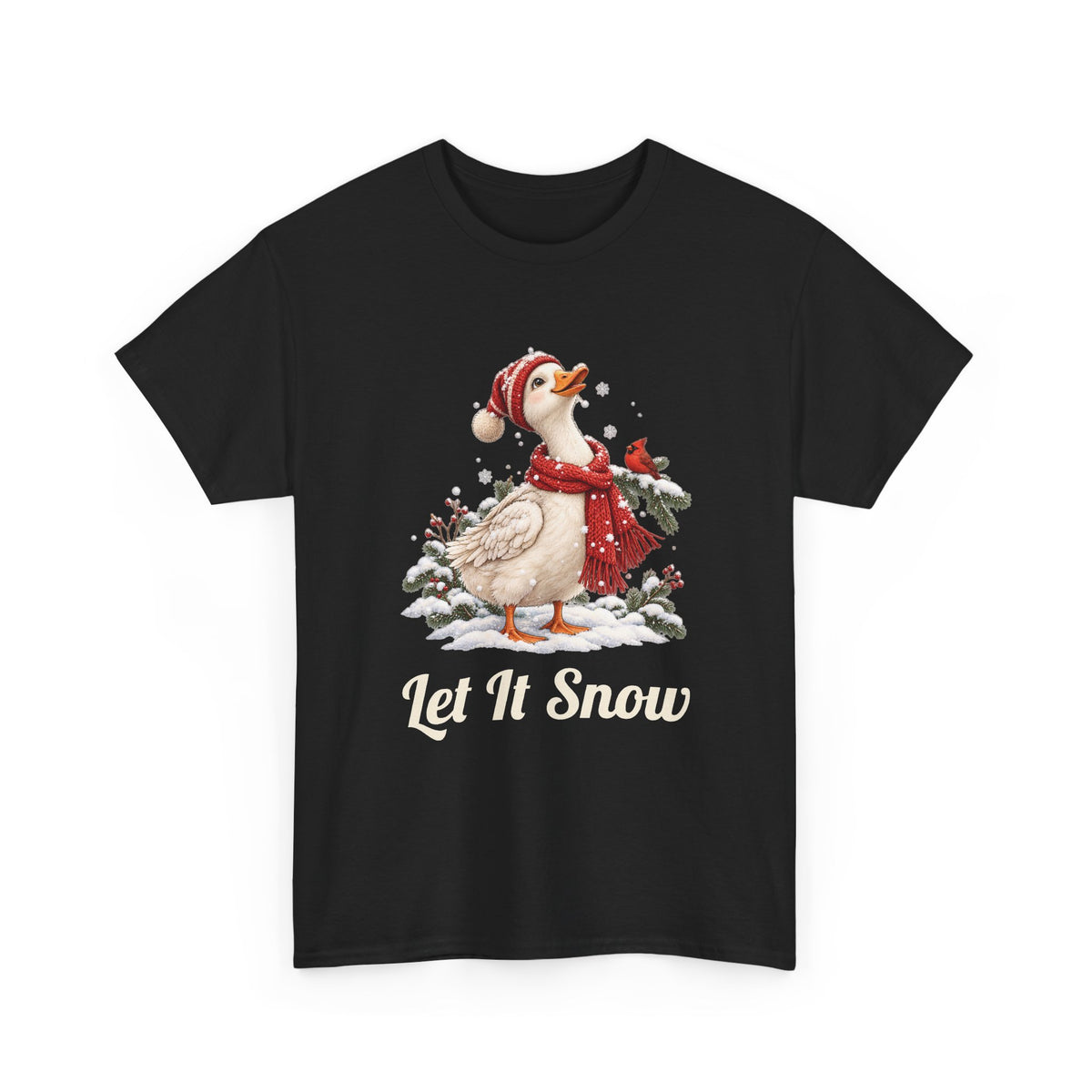 Black Let It Snow Goose t-shirt with a goose in a red scarf and beanie in the snow, front view