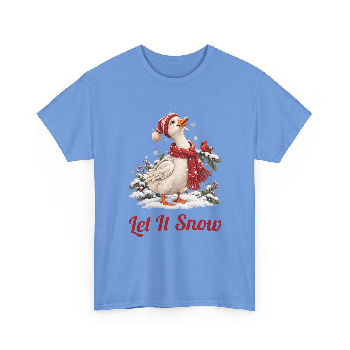 Carolina Blue Let It Snow Goose t-shirt with a goose in a red scarf and beanie in the snow, front view