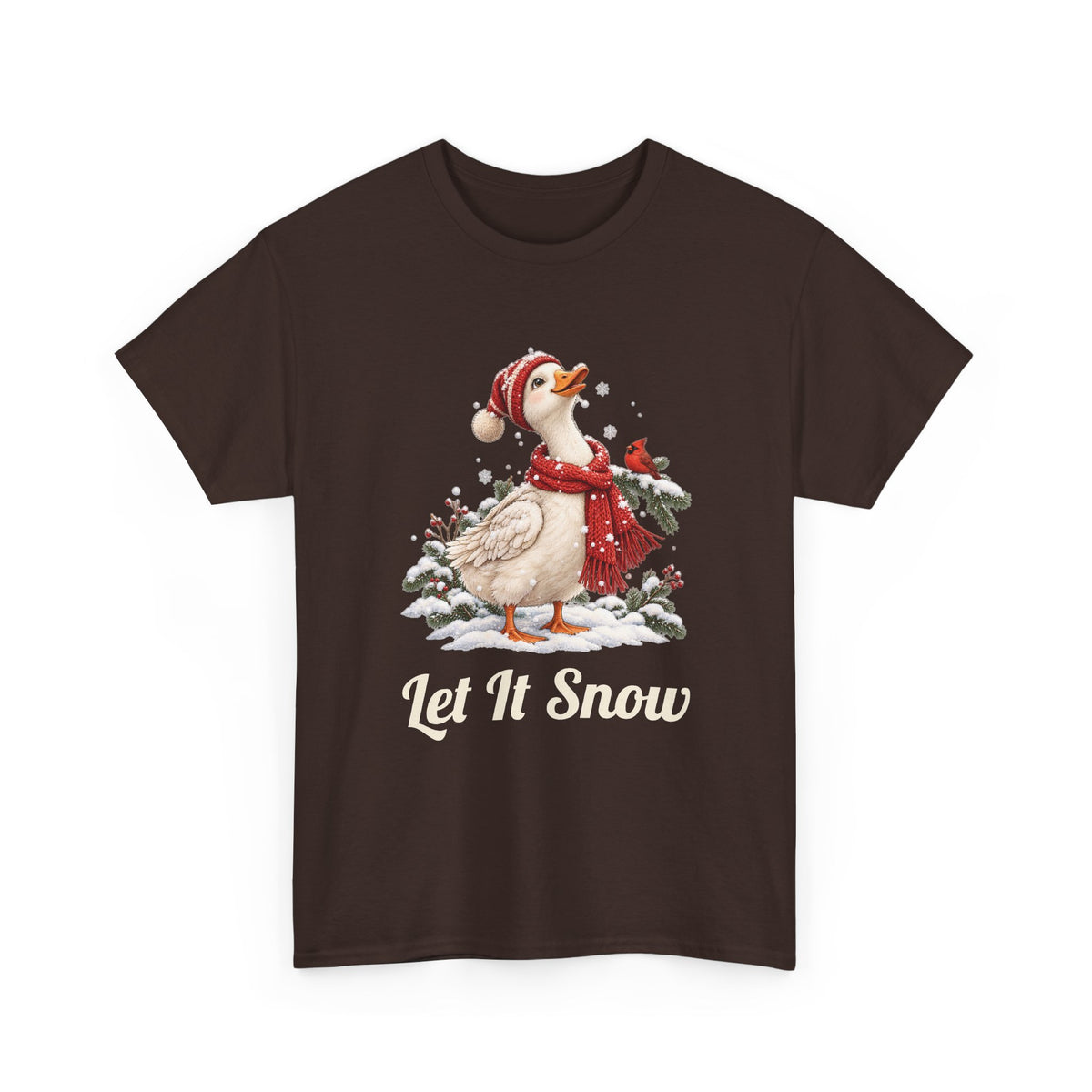 Dark Chocolate Let It Snow Goose t-shirt with a goose in a red scarf and beanie in the snow, front view