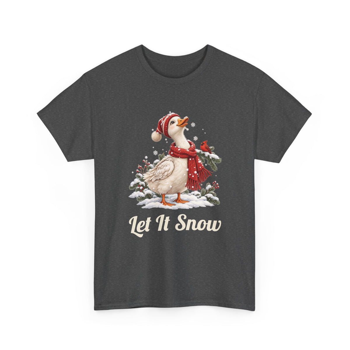 Dark Heather Let It Snow Goose t-shirt with a goose in a red scarf and beanie in the snow, front view