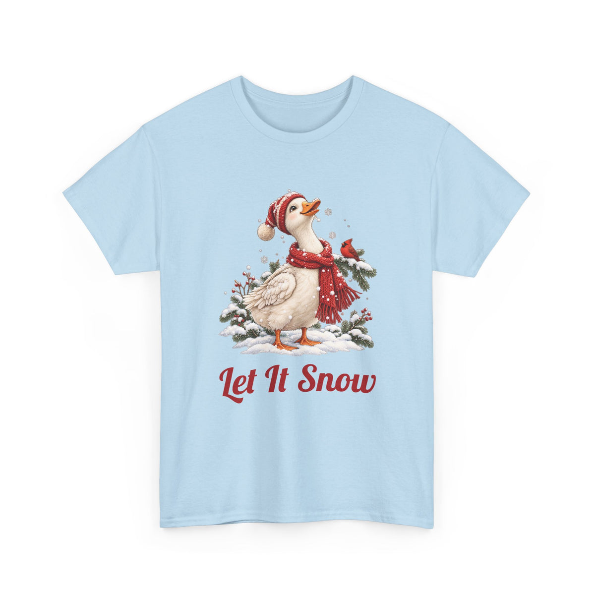Light Blue Let It Snow Goose t-shirt with a goose in a red scarf and beanie in the snow, front view