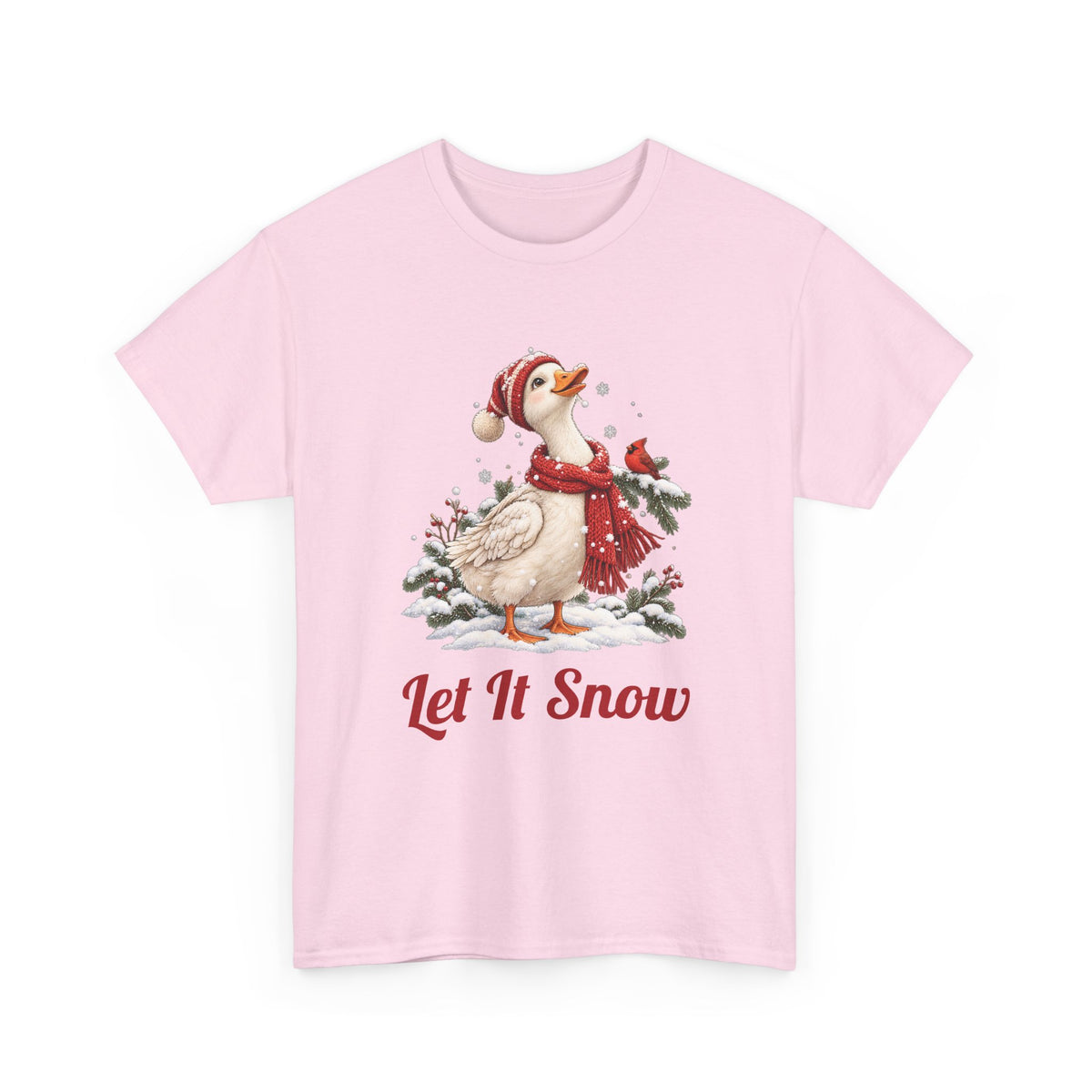 Light Pink Let It Snow Goose t-shirt with a goose in a red scarf and beanie in the snow, front view