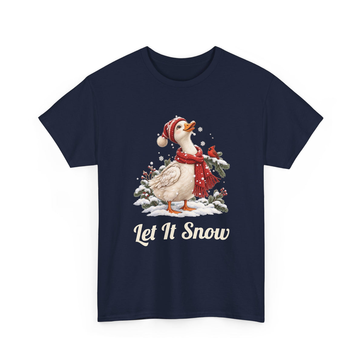 Navy Let It Snow Goose t-shirt with a goose in a red scarf and beanie in the snow, front view