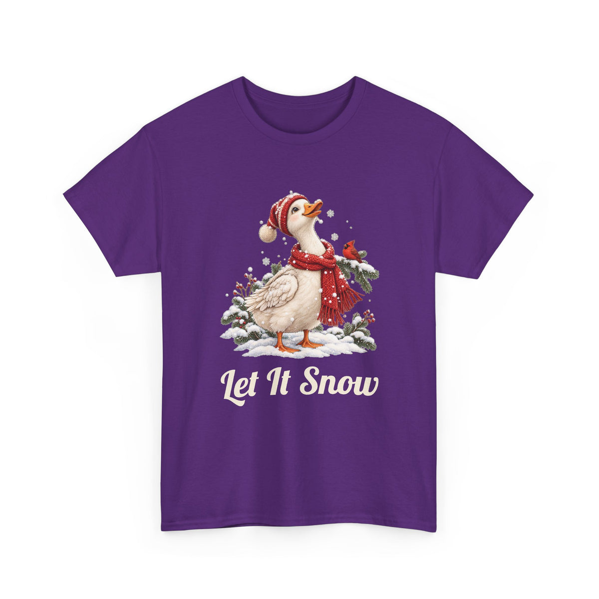 Purple Let It Snow Goose t-shirt with a goose in a red scarf and beanie in the snow, front view