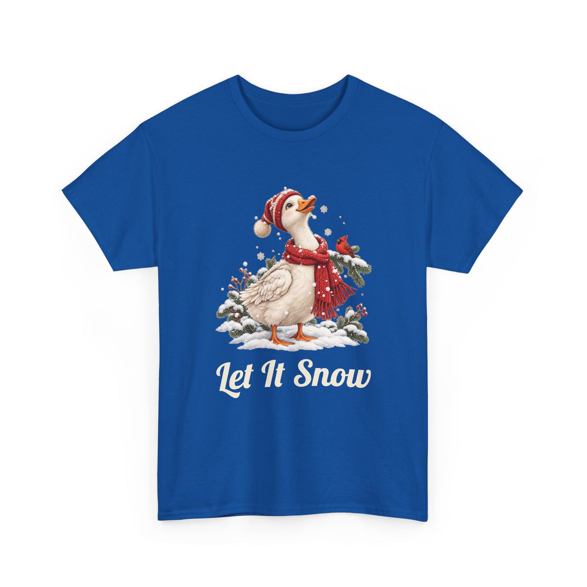 Royal Let It Snow Goose t-shirt with a goose in a red scarf and beanie in the snow, front view