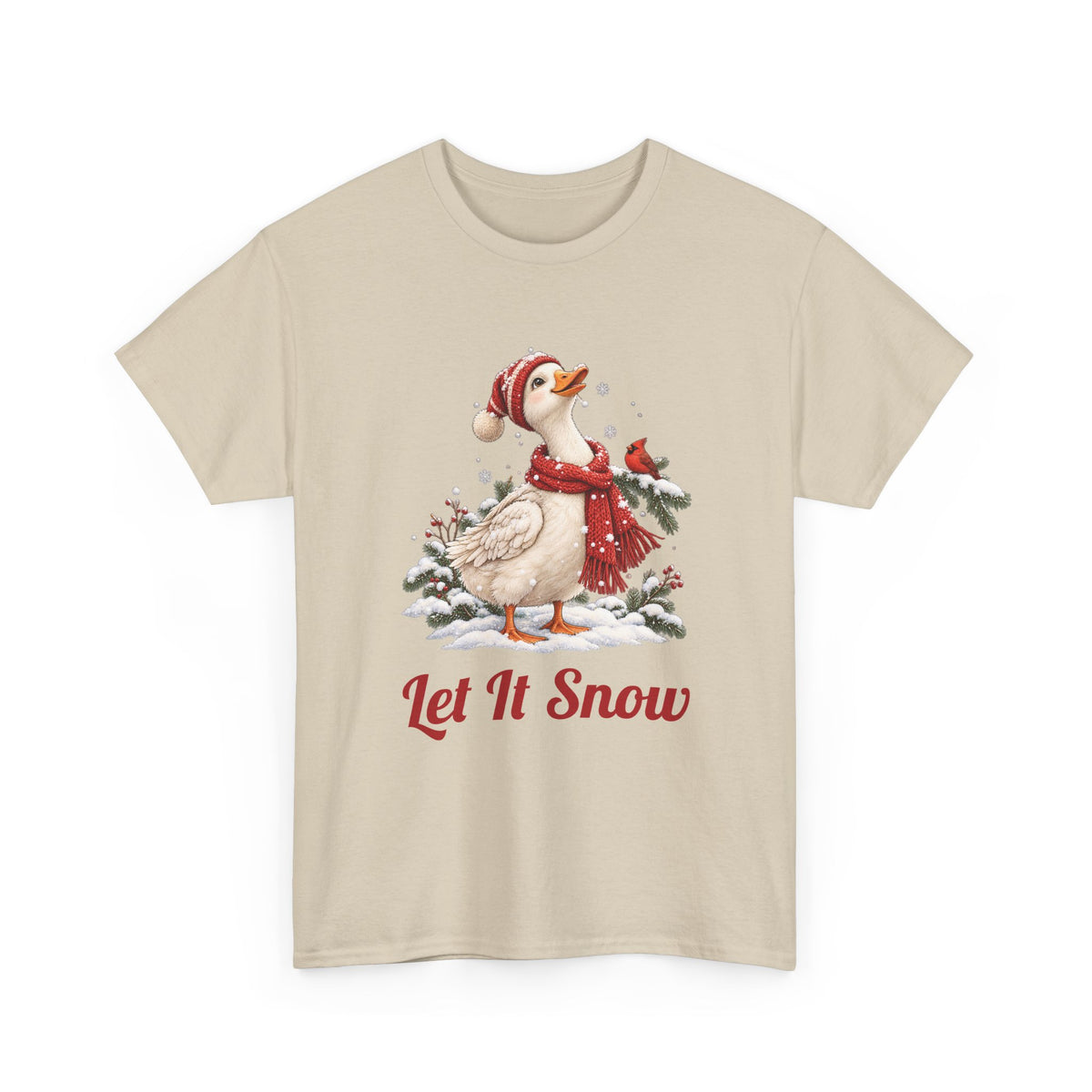 Sand Let It Snow Goose t-shirt with a goose in a red scarf and beanie in the snow, front view