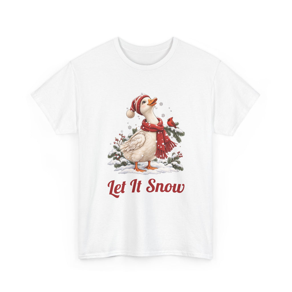 White Let It Snow Goose t-shirt with a goose in a red scarf and beanie in the snow, front view