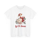 White Let It Snow Goose t-shirt with a goose in a red scarf and beanie in the snow, front view
