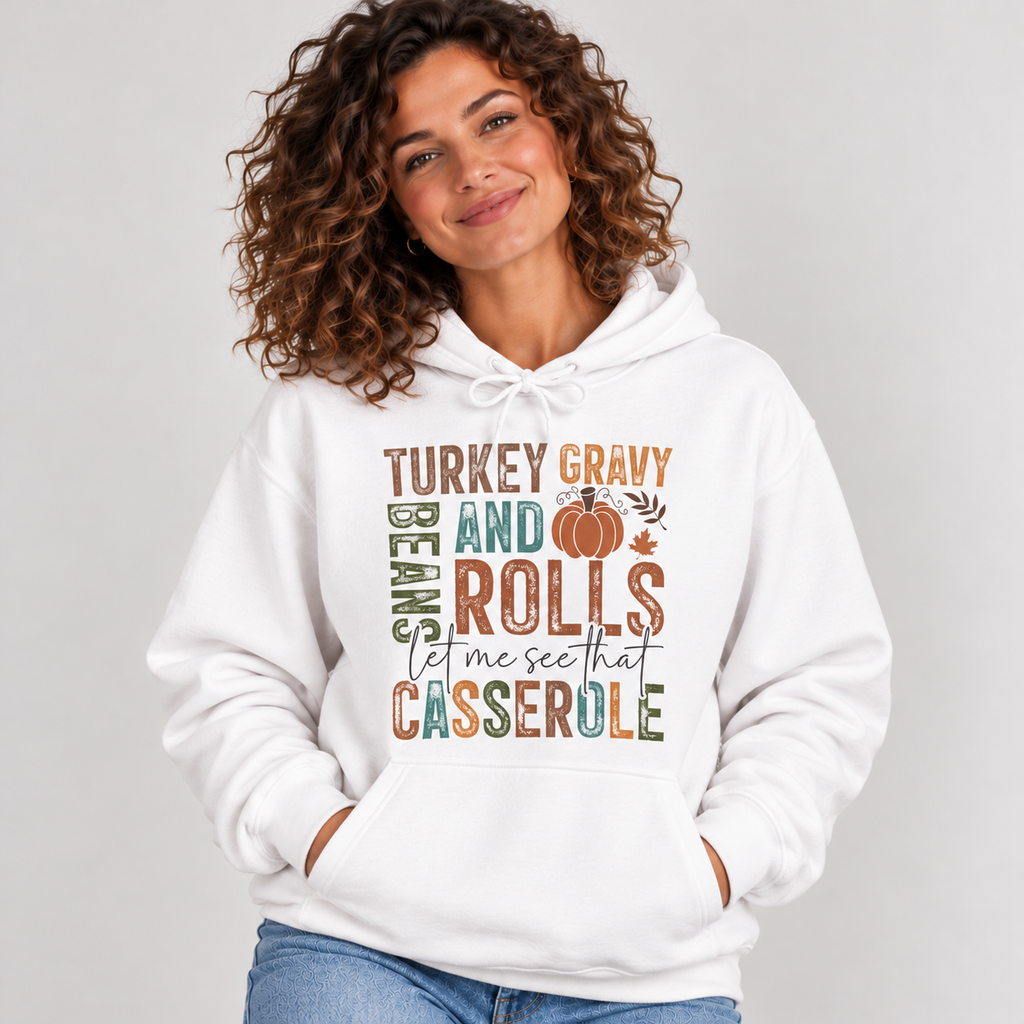 Woman wearing the White Let Me See That Casserole Hoodie with jeans