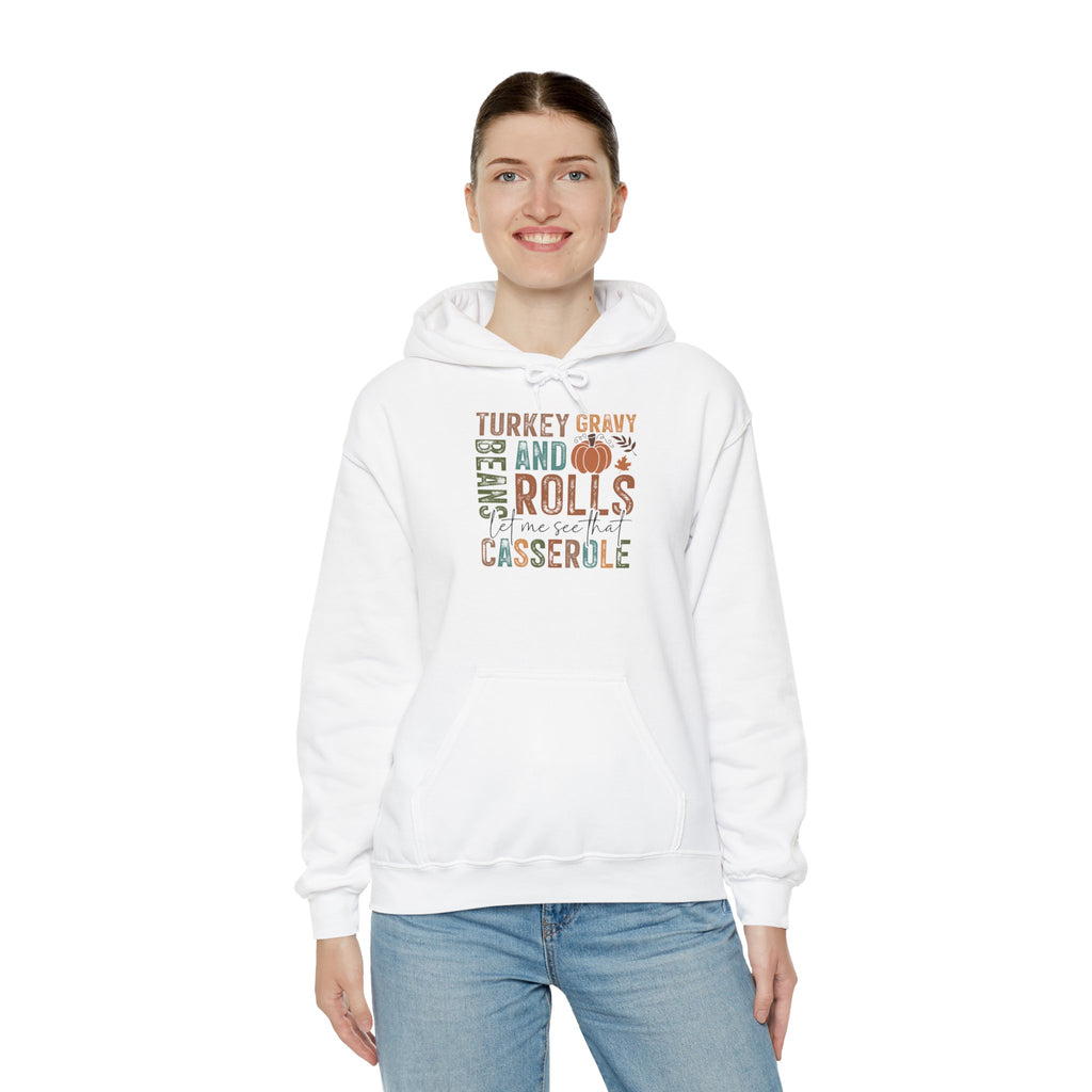 Model wearing the white Let Me See That Casserole Hoodie