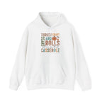 White Let Me See That Casserole hoodie with retro Turkey Gravy Beans and Rolls lettering and a little pumpkin, front view