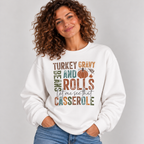 Woman wearing the White Let Me See That Casserole Sweatshirt with jeans