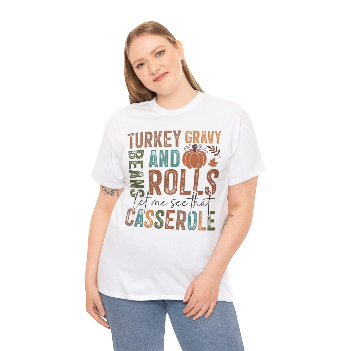 Model wearing the white Let Me See That Casserole T-Shirt