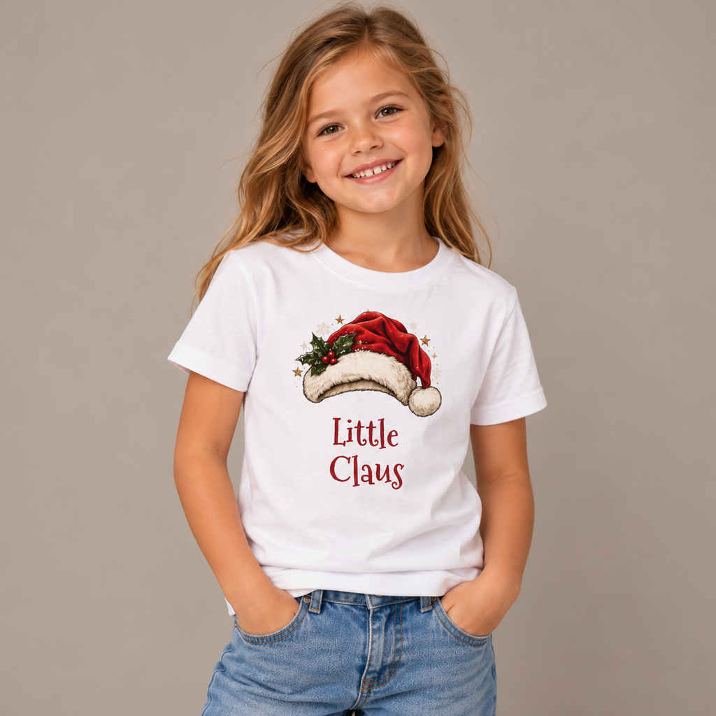 Girl wearing the White Little Claus Kids T-Shirt with jeans