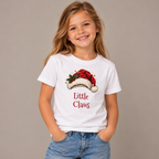 Girl wearing the White Little Claus Kids T-Shirt with jeans