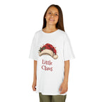 Girl wearing the White Little Claus Kids T-Shirt