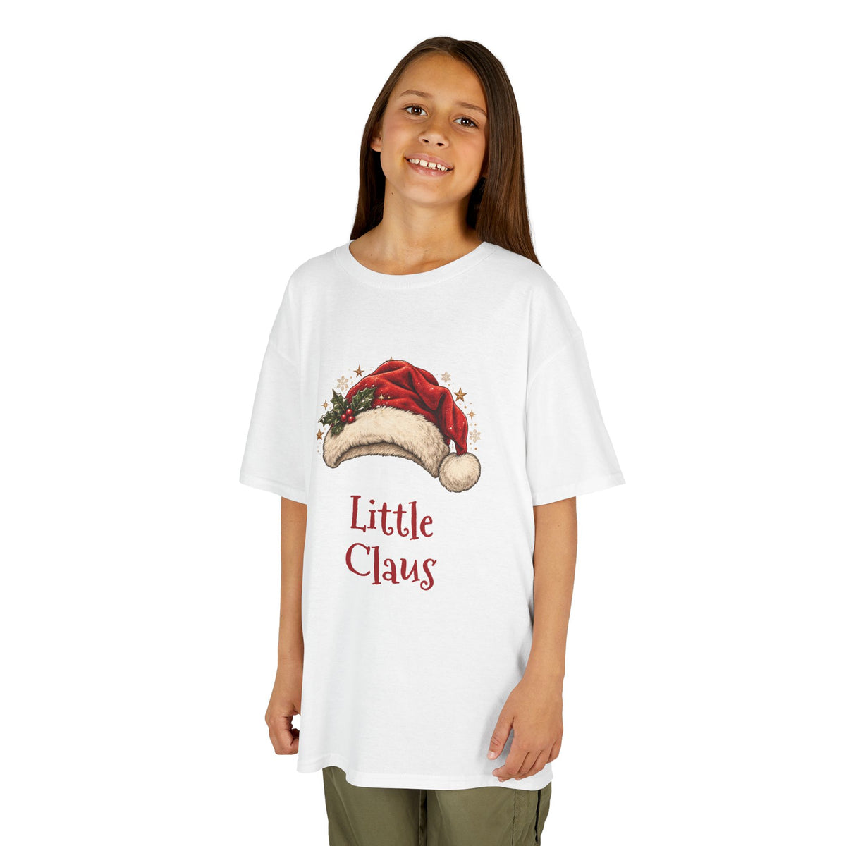 Girl wearing the White Little Claus Kids T-Shirt