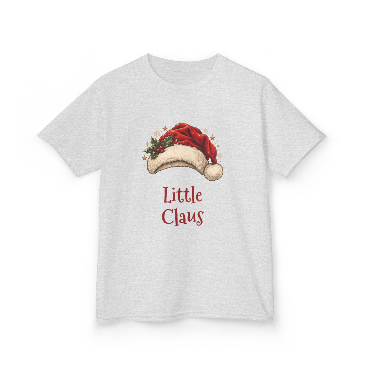 Ash Little Claus kids t-shirt with a red Santa hat and holly, front view