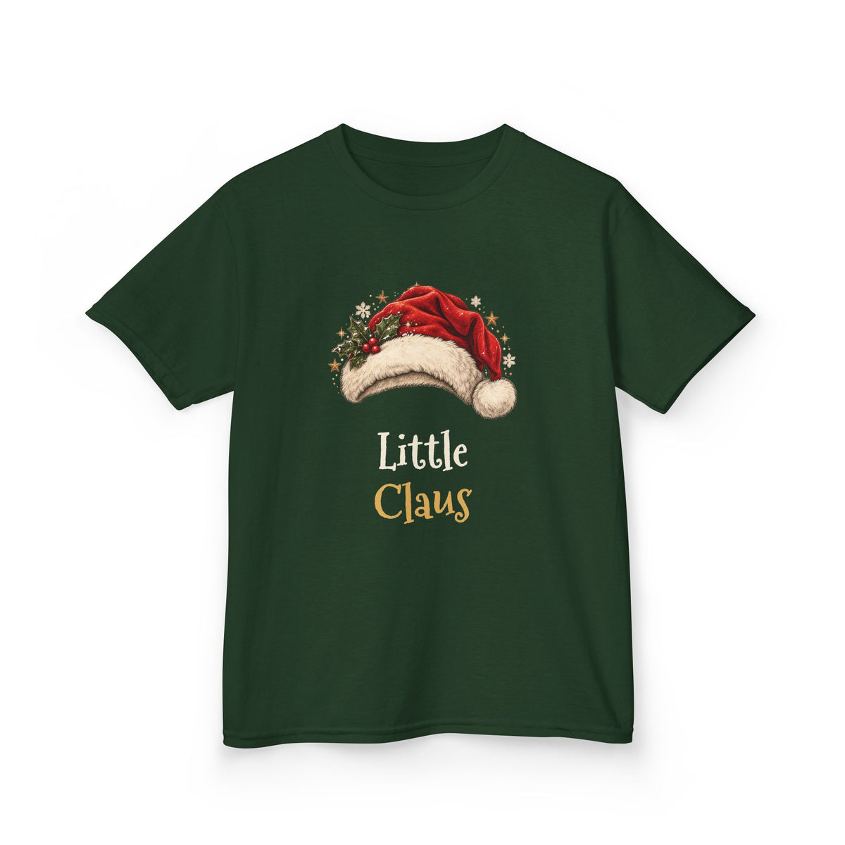 Forest Green Little Claus kids t-shirt with a red Santa hat and holly, front view