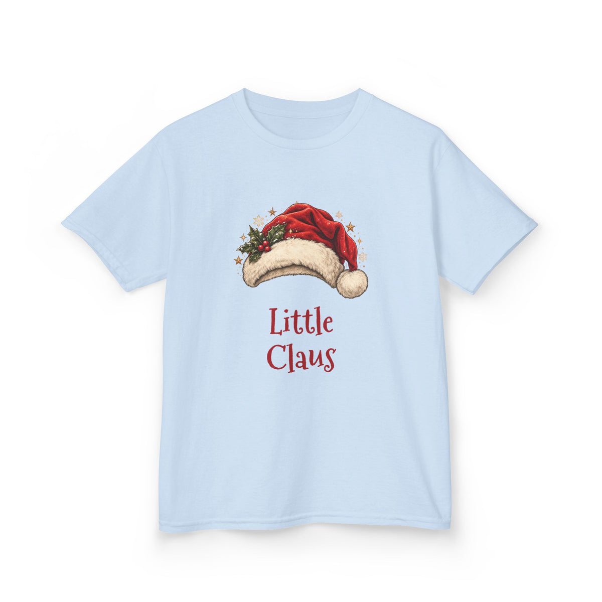 Light Blue Little Claus kids t-shirt with a red Santa hat and holly, front view