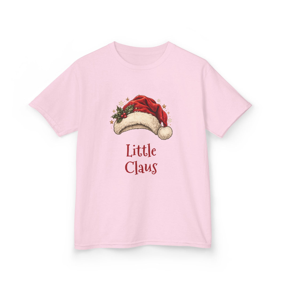 Light Pink Little Claus kids t-shirt with a red Santa hat and holly, front view
