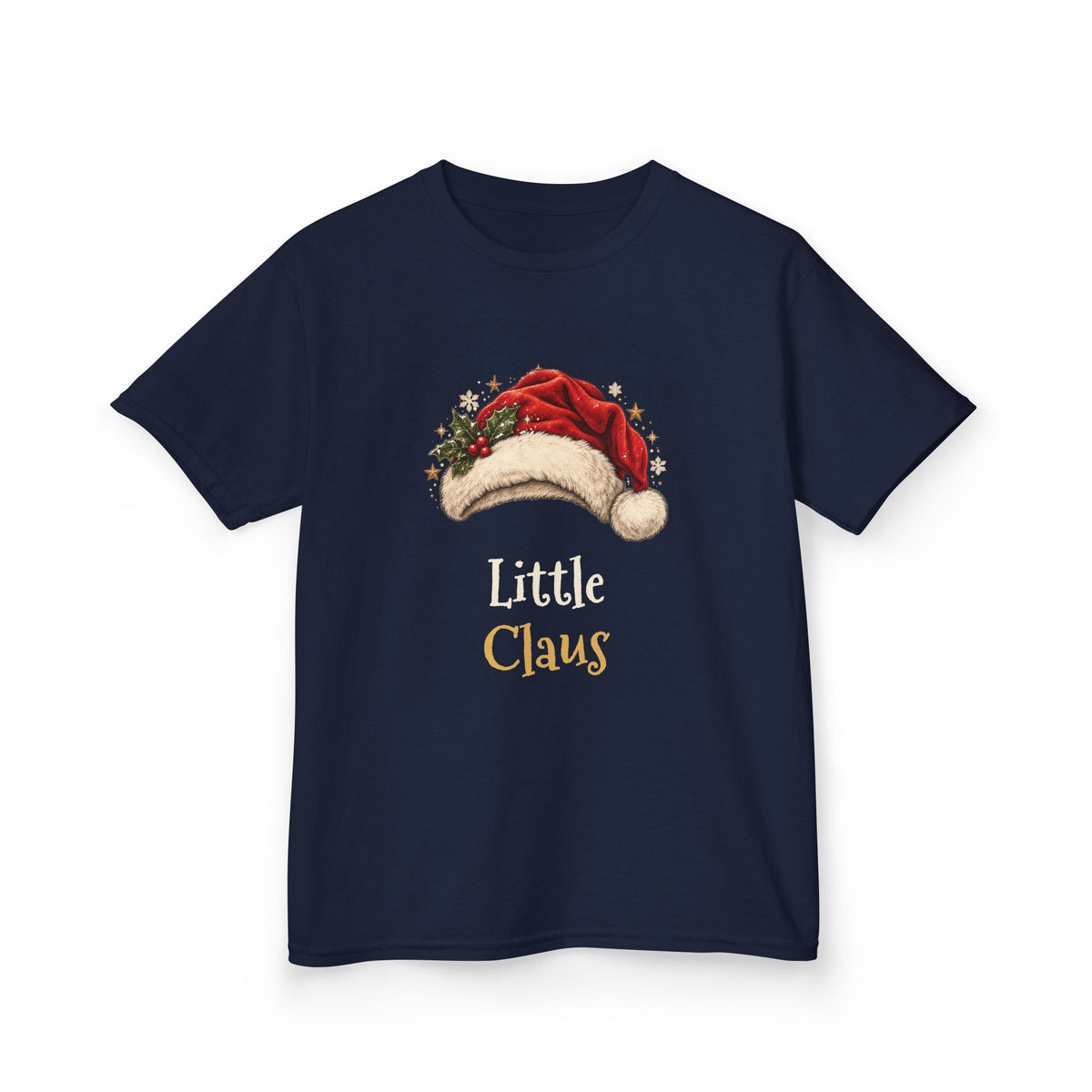 Navy Little Claus kids t-shirt with a red Santa hat and holly, front view