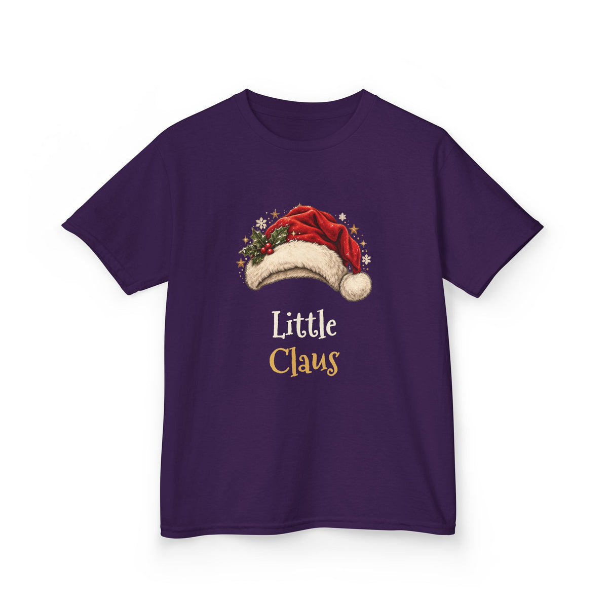 Purple Little Claus kids t-shirt with a red Santa hat and holly, front view