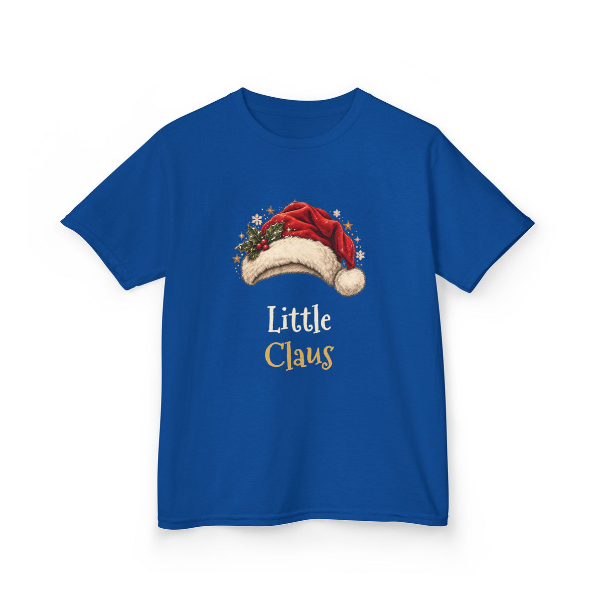 Royal Little Claus kids t-shirt with a red Santa hat and holly, front view