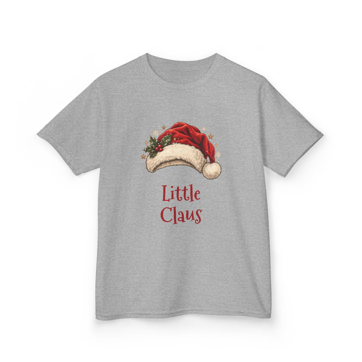 Sport Grey Little Claus kids t-shirt with a red Santa hat and holly, front view