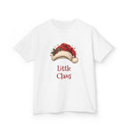 White Little Claus kids t-shirt with a red Santa hat and holly, front view