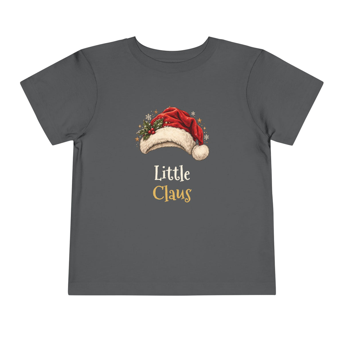 Asphalt Little Claus toddler t-shirt with a red Santa hat and holly, front view