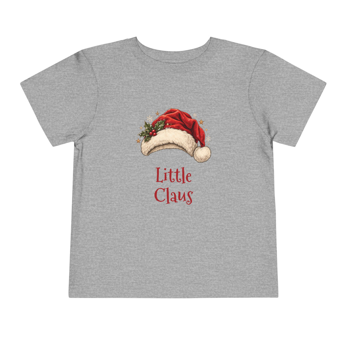 Athletic Heather Little Claus toddler t-shirt with a red Santa hat and holly, front view