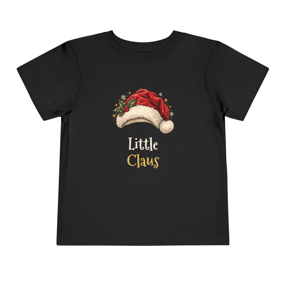 Black Little Claus toddler t-shirt with a red Santa hat and holly, front view
