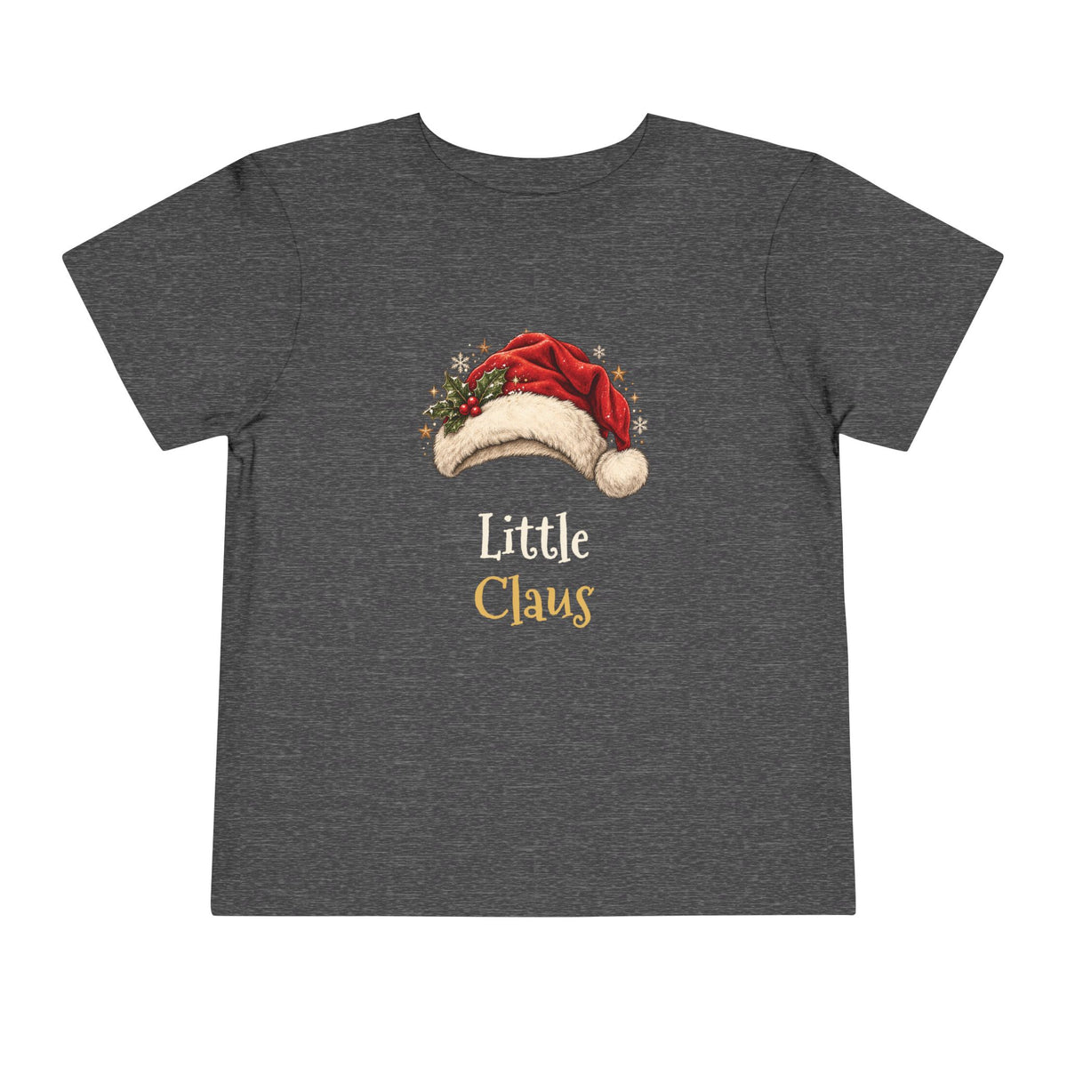 Dark Heather Grey Little Claus toddler t-shirt with a red Santa hat and holly, front view