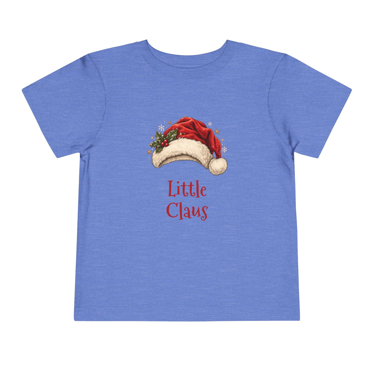 Heather Columbia Blue Little Claus toddler t-shirt with a red Santa hat and holly, front view