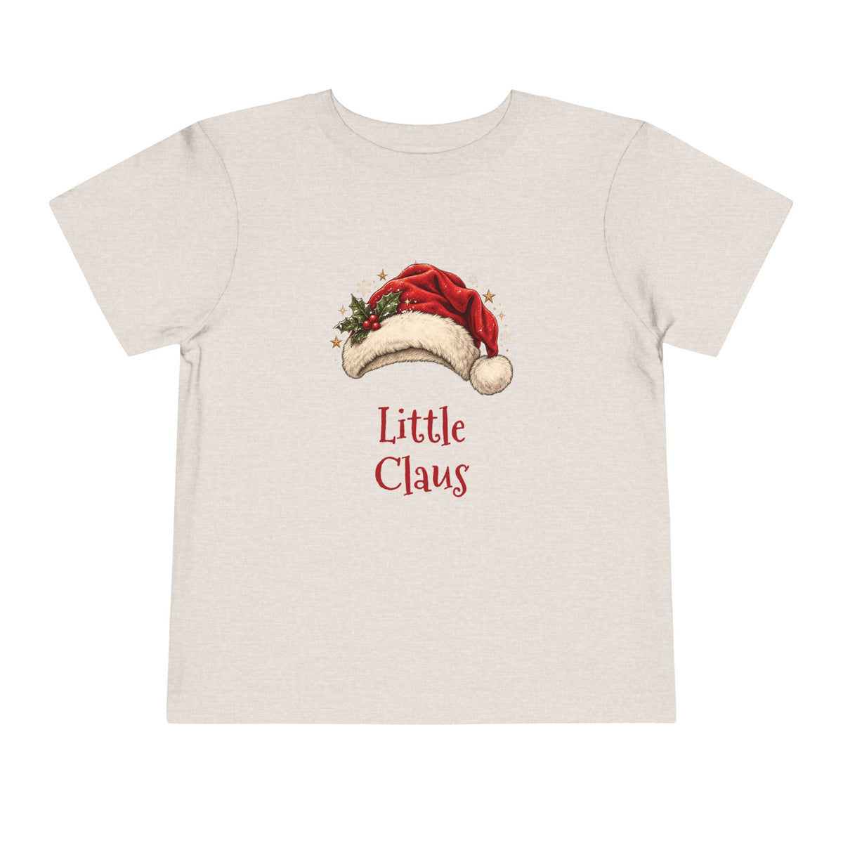 Heather Dust Little Claus toddler t-shirt with a red Santa hat and holly, front view