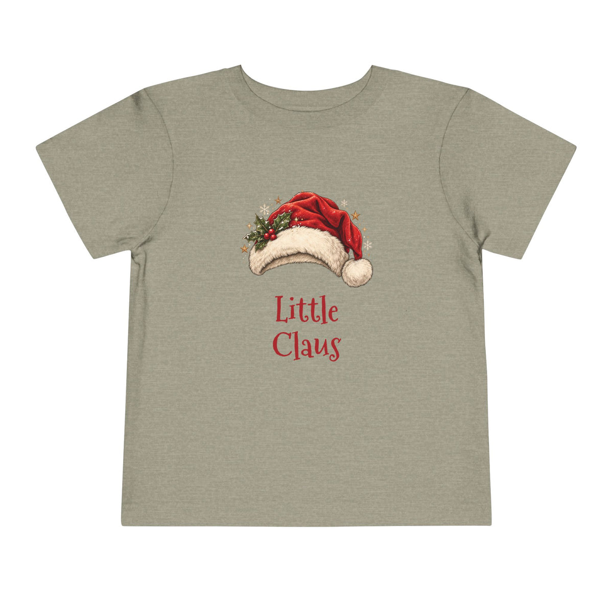 Heather Stone Little Claus toddler t-shirt with a red Santa hat and holly, front view