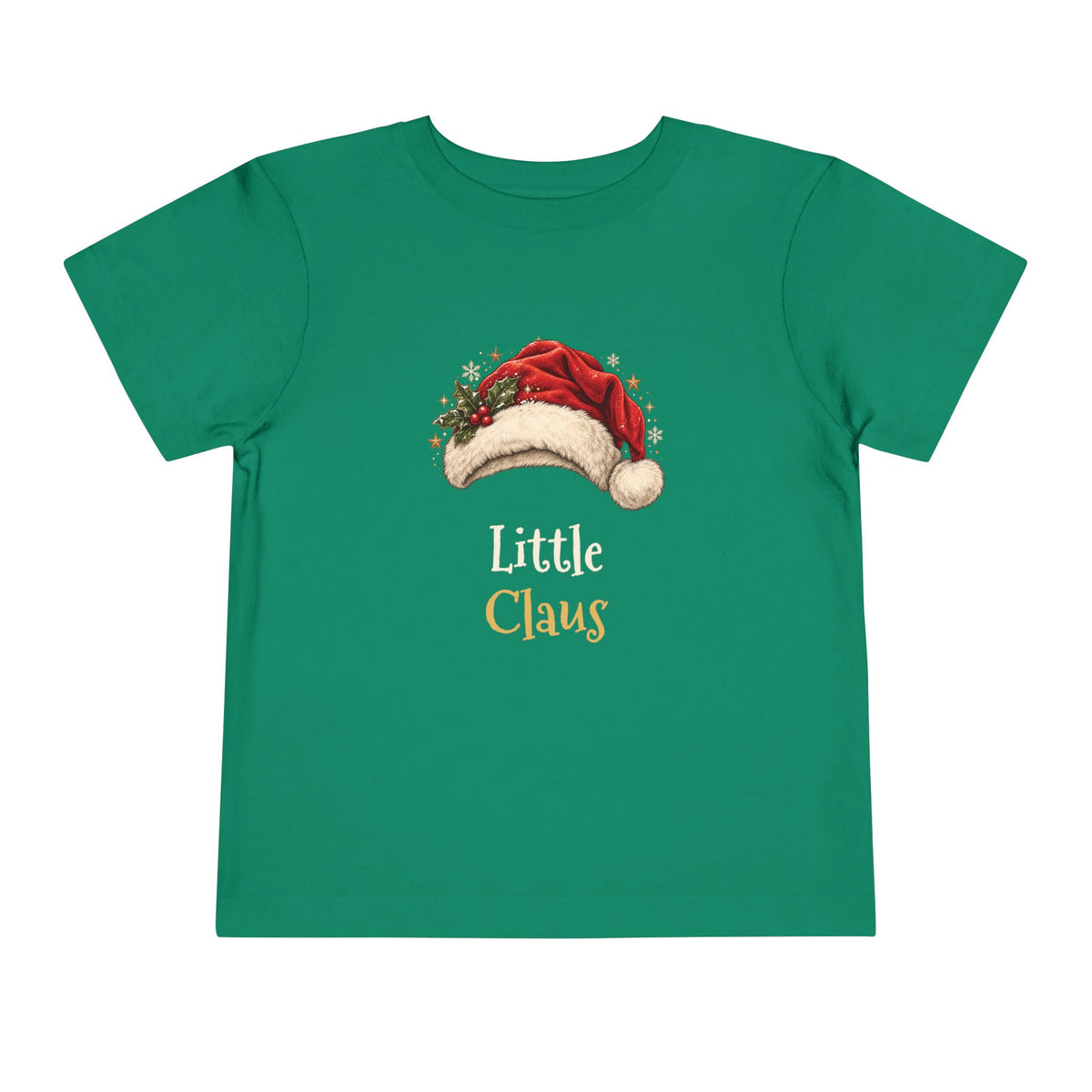 Kelly Little Claus toddler t-shirt with a red Santa hat and holly, front view