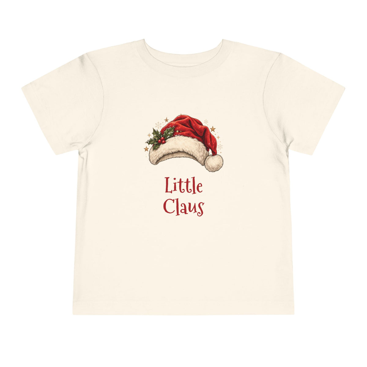 Natural Little Claus toddler t-shirt with a red Santa hat and holly, front view