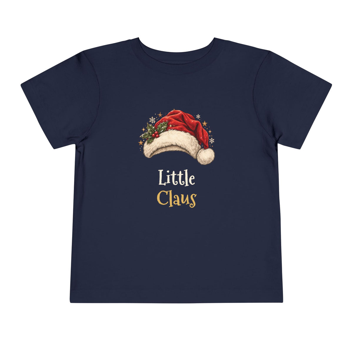 Navy Little Claus toddler t-shirt with a red Santa hat and holly, front view