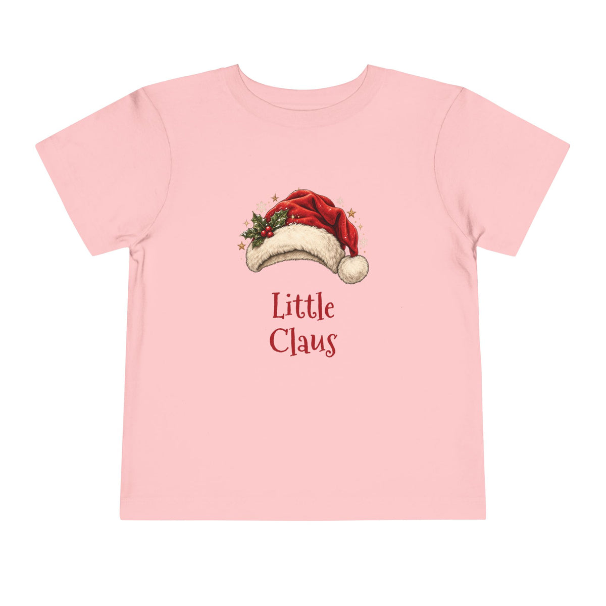 Pink Little Claus toddler t-shirt with a red Santa hat and holly, front view