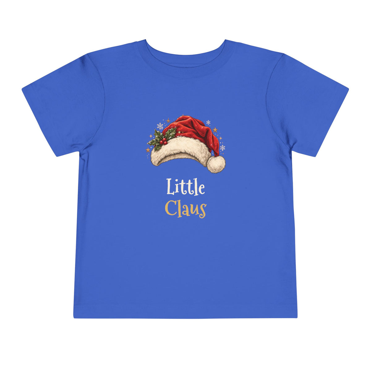 True Royal Little Claus toddler t-shirt with a red Santa hat and holly, front view