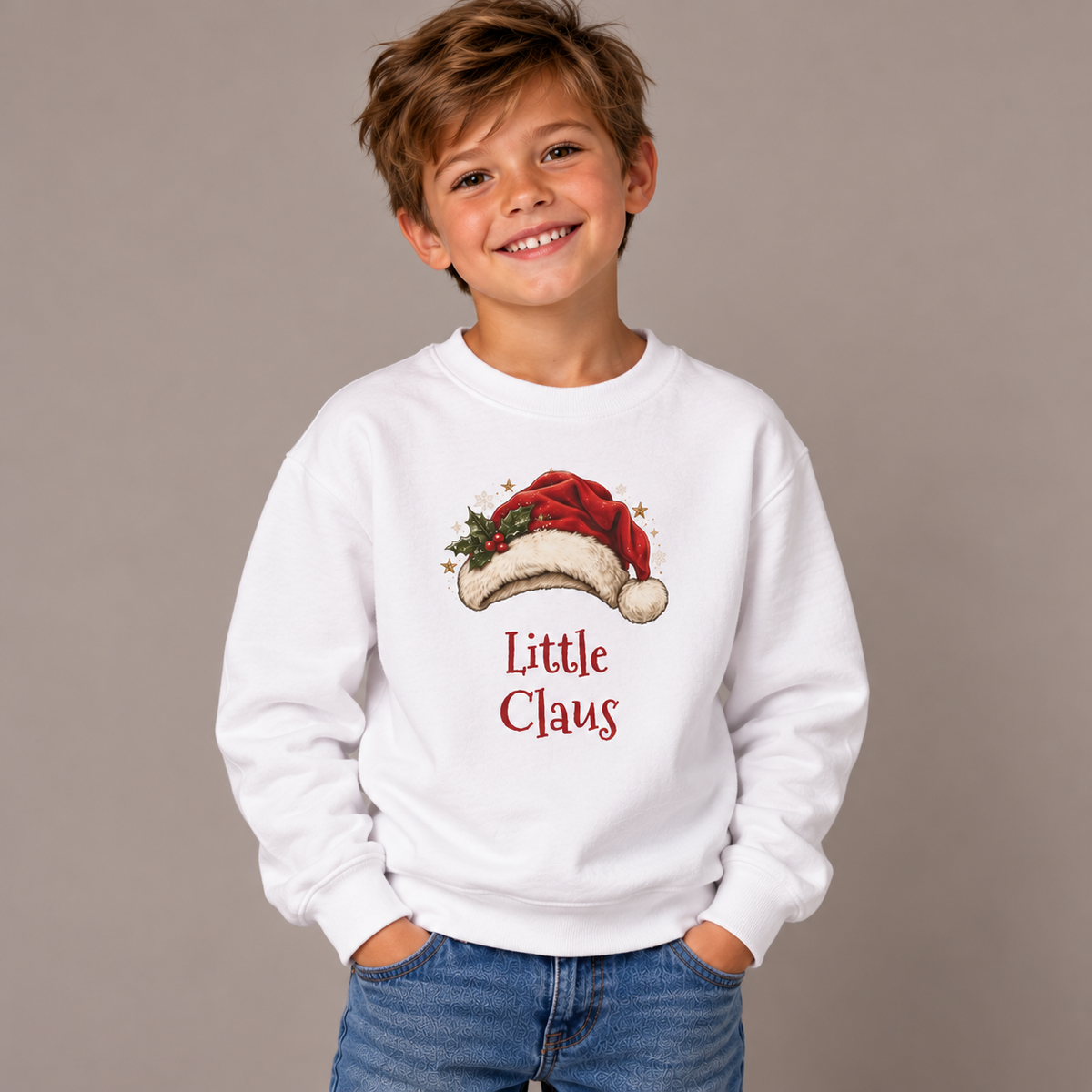 Boy wearing the White Little Claus Youth Sweatshirt with jeans
