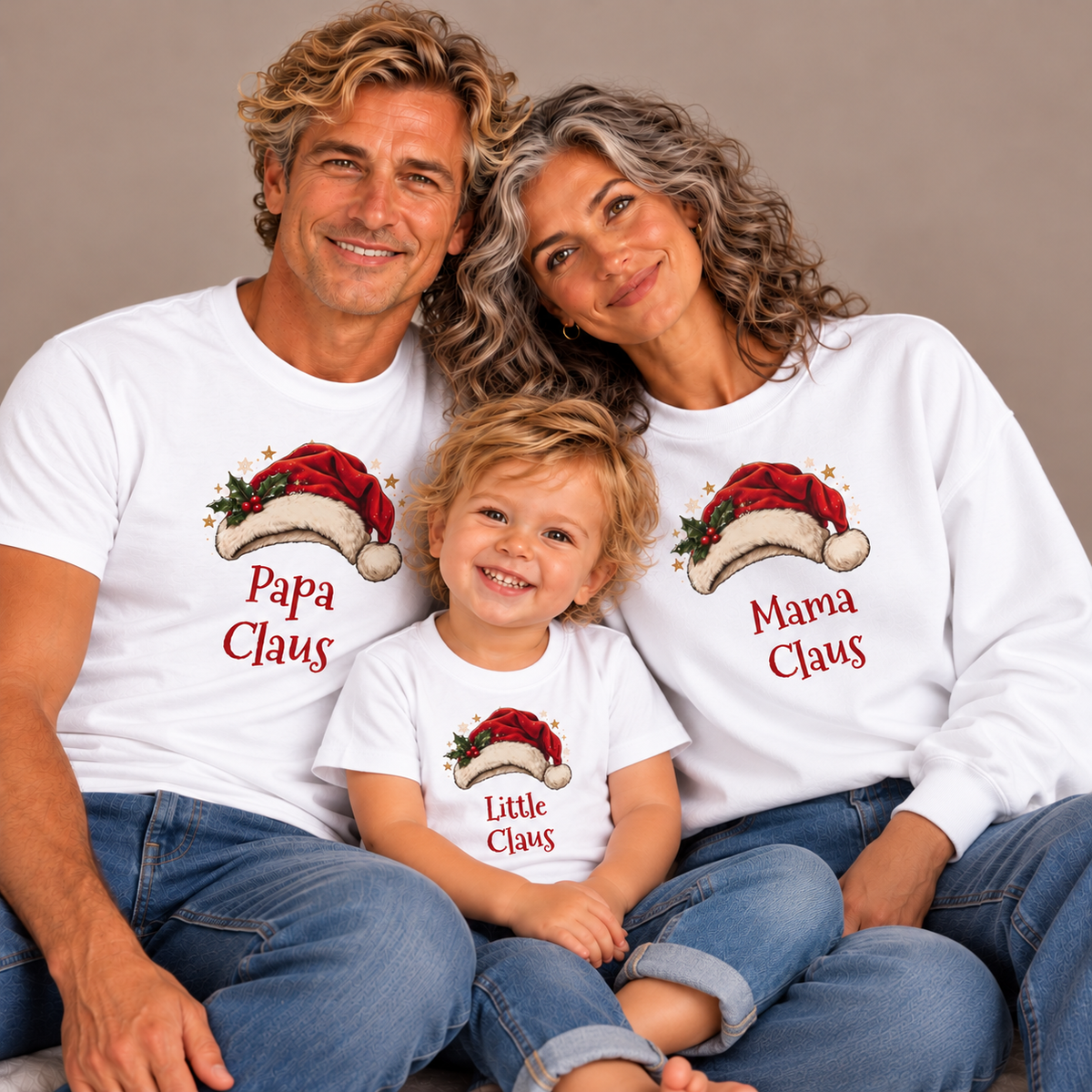Family wearing matching Papa Claus, Mama Claus and Little Claus shirts