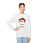 Girl wearing the White Little Claus Youth Sweatshirt