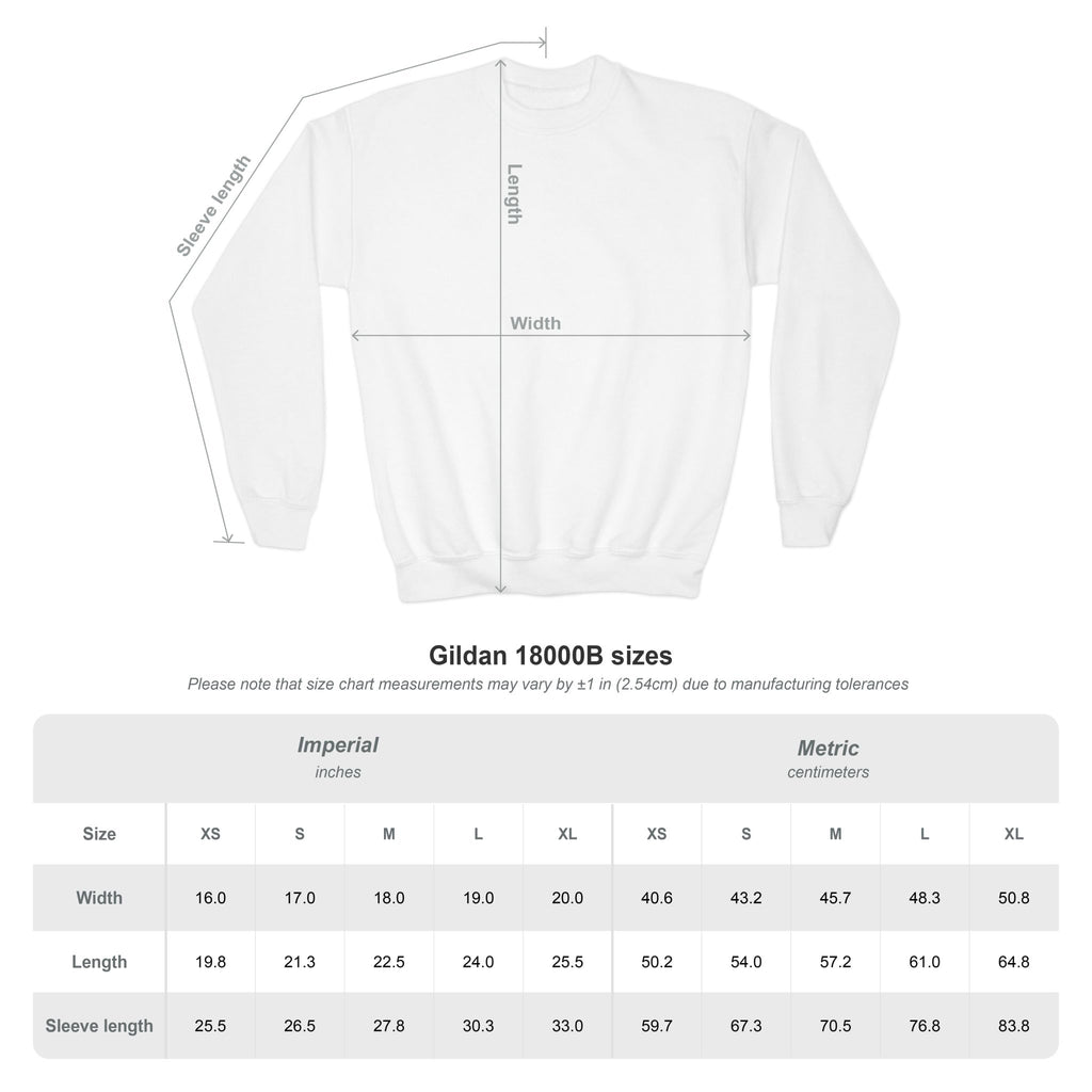 Gildan 18000B youth sweatshirt size chart in inches and centimetres