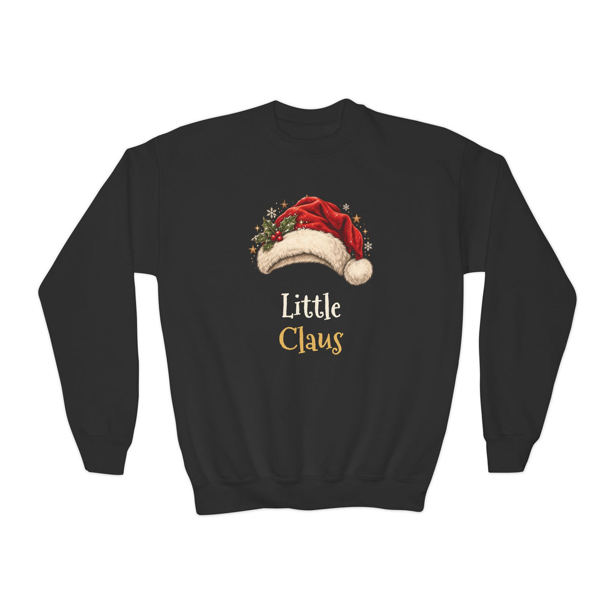Black Little Claus youth sweatshirt with a red Santa hat and holly, front view