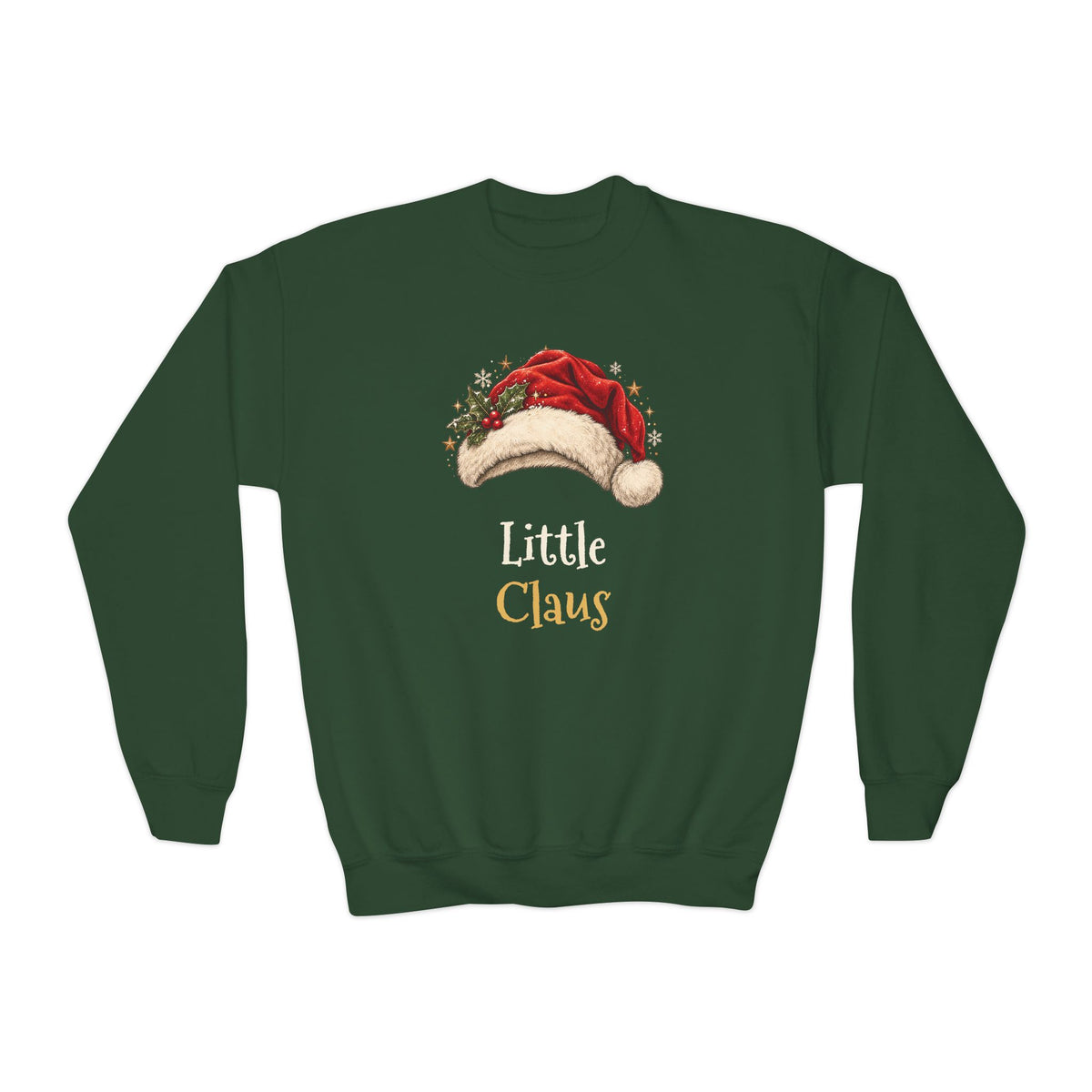 Forest Green Little Claus youth sweatshirt with a red Santa hat and holly, front view