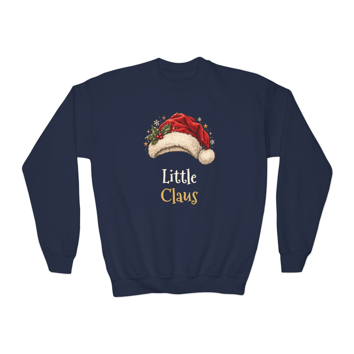 Navy Little Claus youth sweatshirt with a red Santa hat and holly, front view