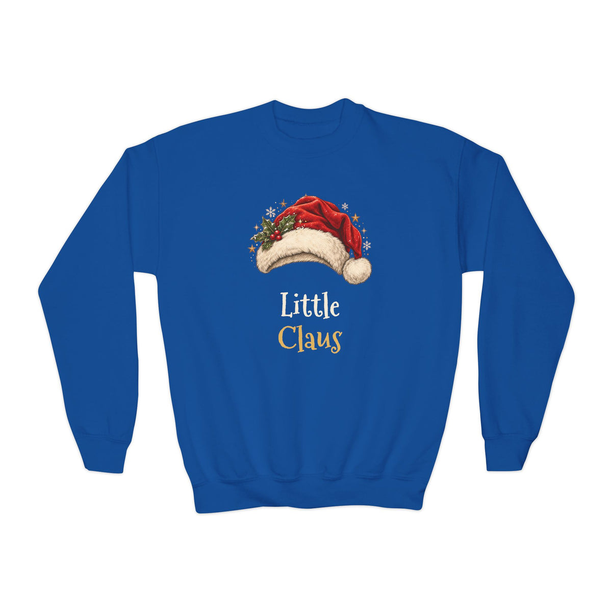 Royal Little Claus youth sweatshirt with a red Santa hat and holly, front view